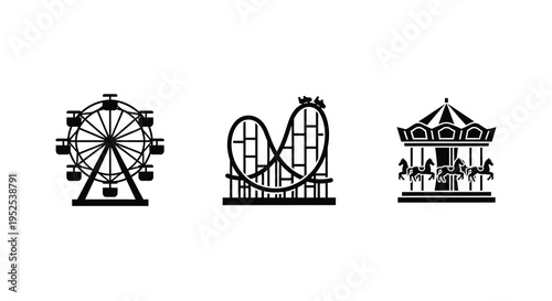 Amusement park rides including a ferris wheel roller coaster and carousel silhouette