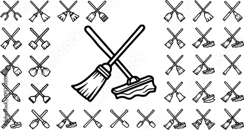 Set of cleaning tools icons: brooms and mops, black and white line art