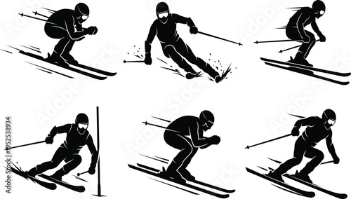 Dynamic black and white silhouettes of alpine skiers in action showcasing speed, slalom turns, and downhill skiing techniques