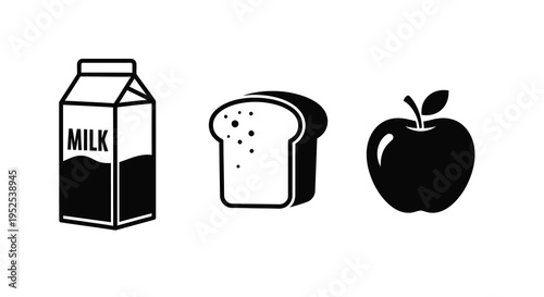 Simple breakfast items of milk bread and an apple silhouette