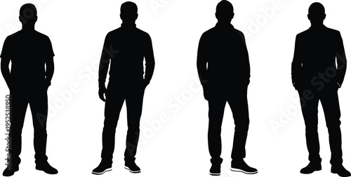 Black Silhouette Standing Man Vector Set: Casual Clothes Male Figures, Full Length Adult People, and Anonymous Human Body Graphics