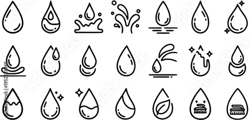 Water Drop Line Art Icons Set for Environment, Health, and Cleaning. Simple Outline Liquid Droplet Symbols.
