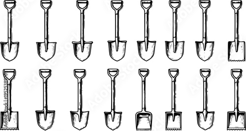 Black and White Line Art of Various Shovels for Gardening and Construction