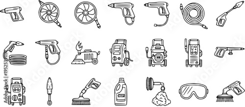 Black and White Line Art Icons of Pressure Washer Equipment, Tools, and Accessories