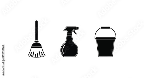 Cleaning tools including a broom spray bottle and bucket silhouette