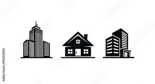 Three building silhouettes against a white background silhouette