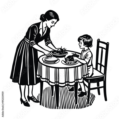 Black and white illustration of mother serving food to child at table
