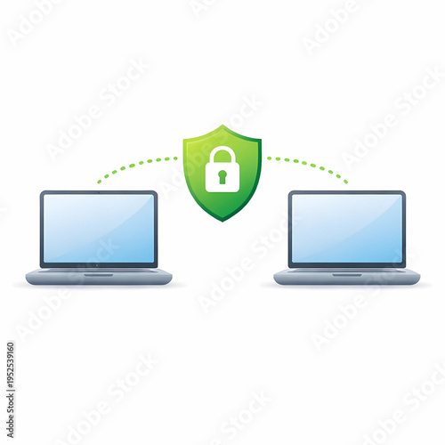 Two Laptops Connected with Secure Shield and Lock, 3D Illustration for Encrypted Network and Data Security