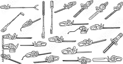 Black and White Line Art Vector Icons of Garden Power Tools - Hedge Trimmers, Chainsaws, Edgers