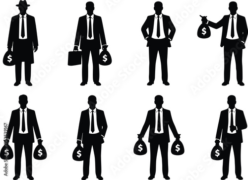 Black silhouette illustration of businessmen holding money bags with dollar signs, wearing suits and ties, symbolizing wealth, finance, corporate success, and economic power
