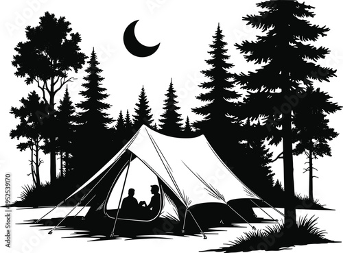 Black silhouette illustration of camping scene with tent, people inside, pine trees, and crescent moon, symbolizing nature, outdoor adventure, peace, and artistic design