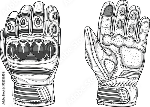 Motorcycle gloves sketch, protective gear illustration, rider safety design, flat vector, apparel CAD, cad drawing flat vector illustration