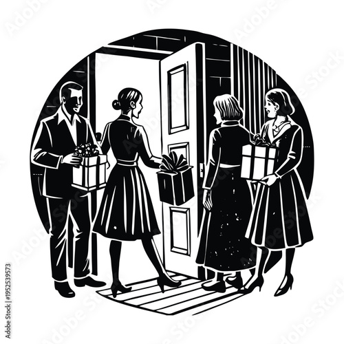 Black and white illustration of people delivering gifts