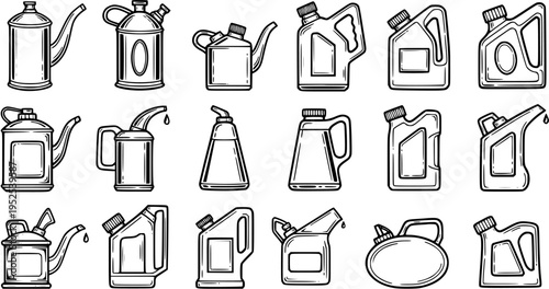 Automotive and Industrial Oil Cans  Lubricant Containers Vector Line Art Icons Set. Black and White Outline Sketch Collection for Maintenance