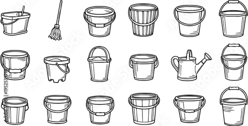 Black and White Line Art Collection of Various Buckets and Watering Can