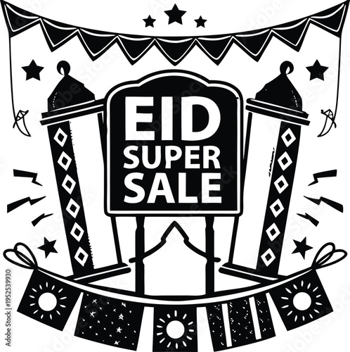 Eid super sale vector illustration, black and white