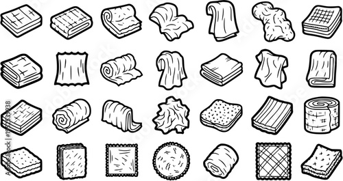 Black and White Line Art Icons of Various Folded Cloths and Towels
