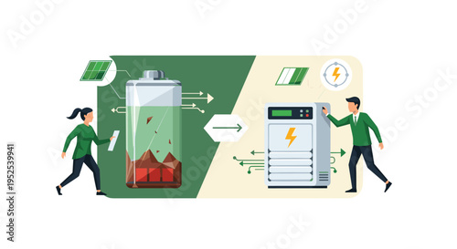 A woman and a man are interacting with a large battery and an energy storage system on a split background.