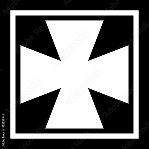 White cross symbol within a square frame on black background