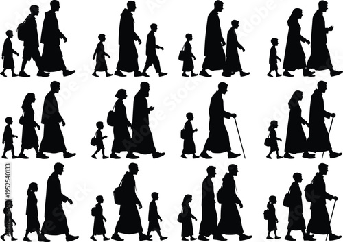 Black silhouette illustration of families and groups walking together in rows, symbolizing migration, travel, community, and generational continuity for artistic or social projects