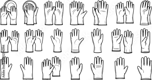 Black and White Line Art Icons of Various Rubber Gloves, Cleaning and Household Items