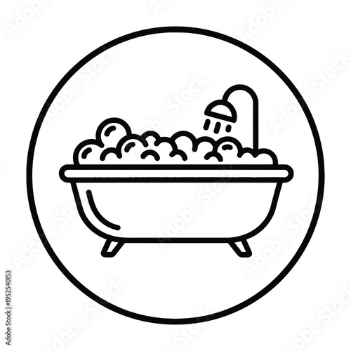Minimalist illustration of bubbles overflowing from a tub with showerhead