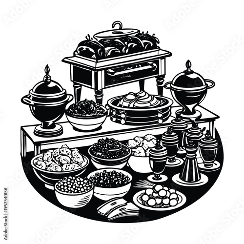 Vector illustration of a buffet table with various dishes and food