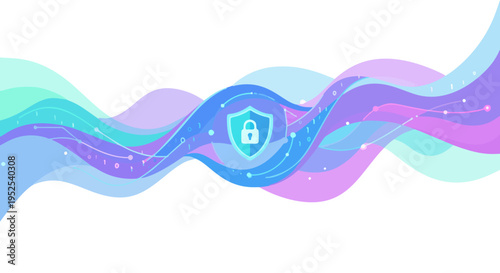 Modern cybersecurity concept with abstract flowing gradient shapes and minimal shield element in clean vector style.