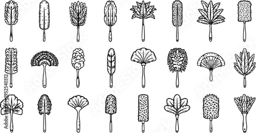 Hand-drawn Black and White Line Art Set of Cleaning Dusters. Collection of Housekeeping and Home Maintenance Dusting Tools and Equipment Icons.
