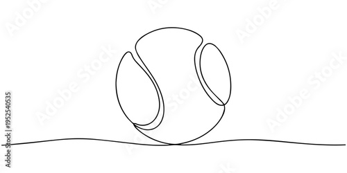 tennis ball continuous one line drawing, Black and white line drawing of a tennis ball on a flat surface, tennis ball continuous one line drawing, Single line drawing of tennis ball. Tennis equipment