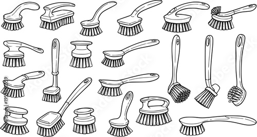 Black and White Line Art Set of Cleaning Brushes for Household Hygiene Industry - Hand-drawn Outline Doodle Icons Collection