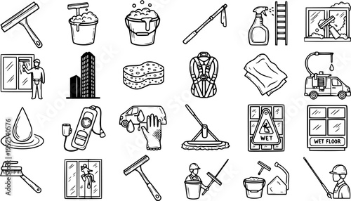 Black and White Line Art Window Cleaning Icons Set: Hand-Drawn Tools, Equipment, and Service Illustrations for Professional Cleaners
