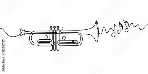 Konstfotografi Minimalist one line sketch of a brass trumpet instrument showing valves and mouthpiece