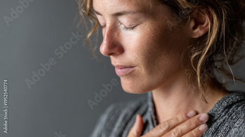 Woman closed eyes hand on chest closeup therapeutic breathwork, soft focus, cardigan texture, delicate expression, diaphragmatic breathing for emotional regulation and inner healing