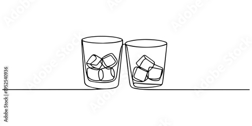 two whiskey continuous one line drawing, Whiskies and ice. Scotch on the rocks in glass. Whiskey and soda. Continuous one line drawing vector illustration, One line drawing whiskey glass on white