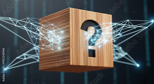 Abstract conceptual visualization of a wooden cube featuring a question mark symbol interconnected through a digital network of glowing lines representing knowledge inquiry and information