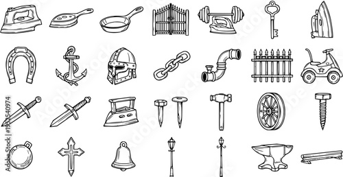 Black and White Line Art Icons: Metal Objects - Anvil, Bell, Gate, Horseshoe, Key, Armor, Sword, Iron