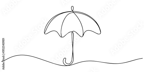 umbrella continuous one line drawing, umbrella continuous one line drawing, Coastal Shade. Minimalistic one-line drawing open umbrella with gentle breeze, continuous single black line on white