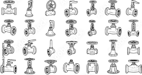 Black and White Line Art of Various Industrial Valves and Faucets, Plumbing Equipment Vector Set
