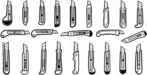 Black and White Line Art Collection of Various Utility Knife Designs and Styles