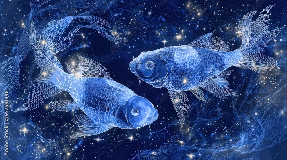 Fototapeta premium Pisces constellation illustrated with two glowing fish in a starry night sky, surrounded by celestial elements and a deep blue background creating a magical atmosphere