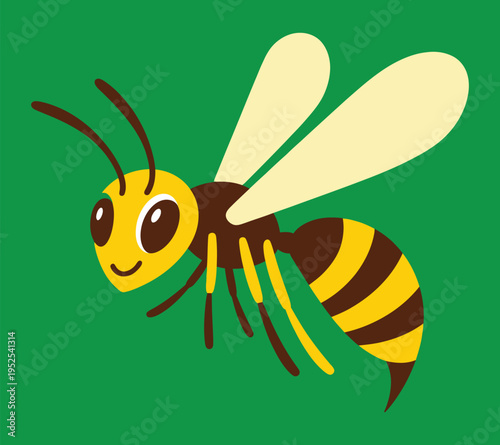 A friendly cartoon bee with yellow and black stripes and translucent wings flying against a vibrant green background.