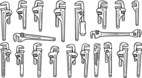 Black and White Line Art of Various Pipe Wrenches in Multiple Poses, Construction Tools