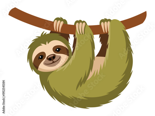 Cute cartoon sloth hanging upside down from a tree branch, smiling, isolated on a white background.