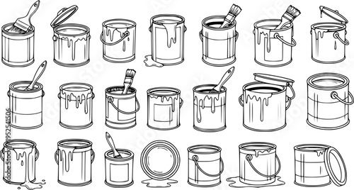 Painting Industry Black and White Line Art Vector Set: Hand Drawn Paint Cans, Brushes, and Spills for DIY  Home Improvement