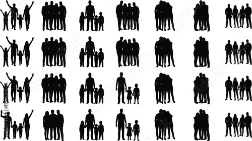 People and family silhouettes pattern, parents children couples groups vector collection, human social relationships isolated on white background