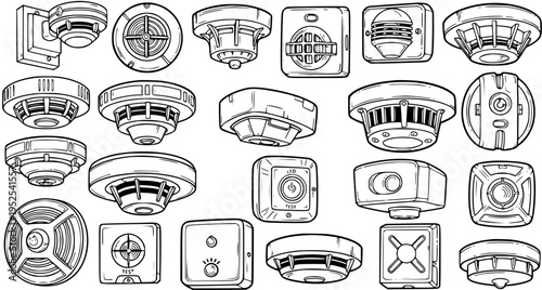 Black and White Line Art Vector Set of Various Smoke Detectors and Fire Alarms for Safety Technology