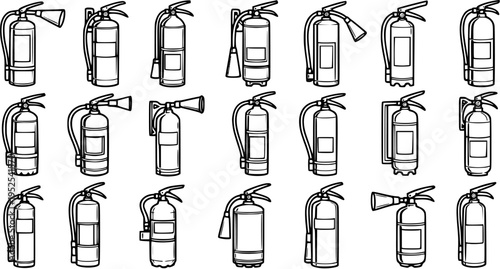 Black and White Line Art Fire Extinguisher Icons Set. Emergency Safety Equipment Outline Drawings for Fire Protection and Hazard Prevention Vector Collection.
