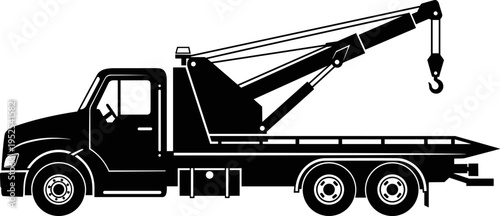 Tow truck crane vehicle silhouette vector illustration, heavy duty roadside assistance and recovery truck in black flat design for transport, logistics, service graphics
