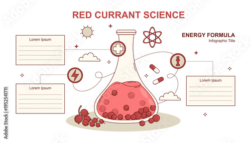 Red Currant Energy Infographic Template. Natural Pharmacy and Medicine Horizontal Banner Scheme. Organic Extract in Lab Flask with text blocks and symbols icons. Eco Ingredient. Vector Illustration